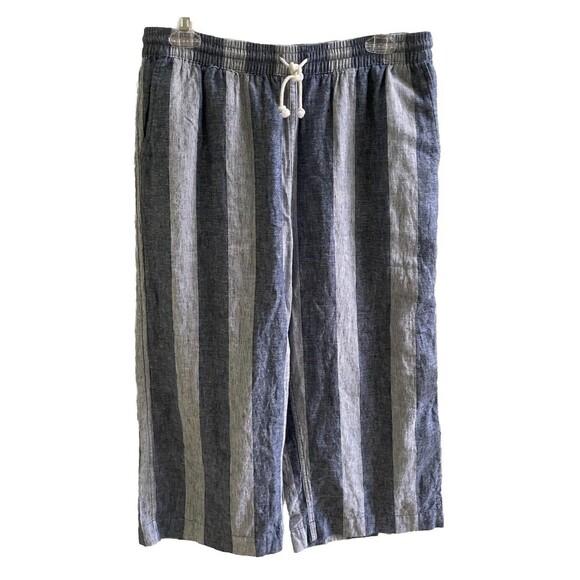 beach lunch lounge Womens Blue/White Stripe Linen Blend Wide Leg Crop Pant Sz M - Picture 1 of 8